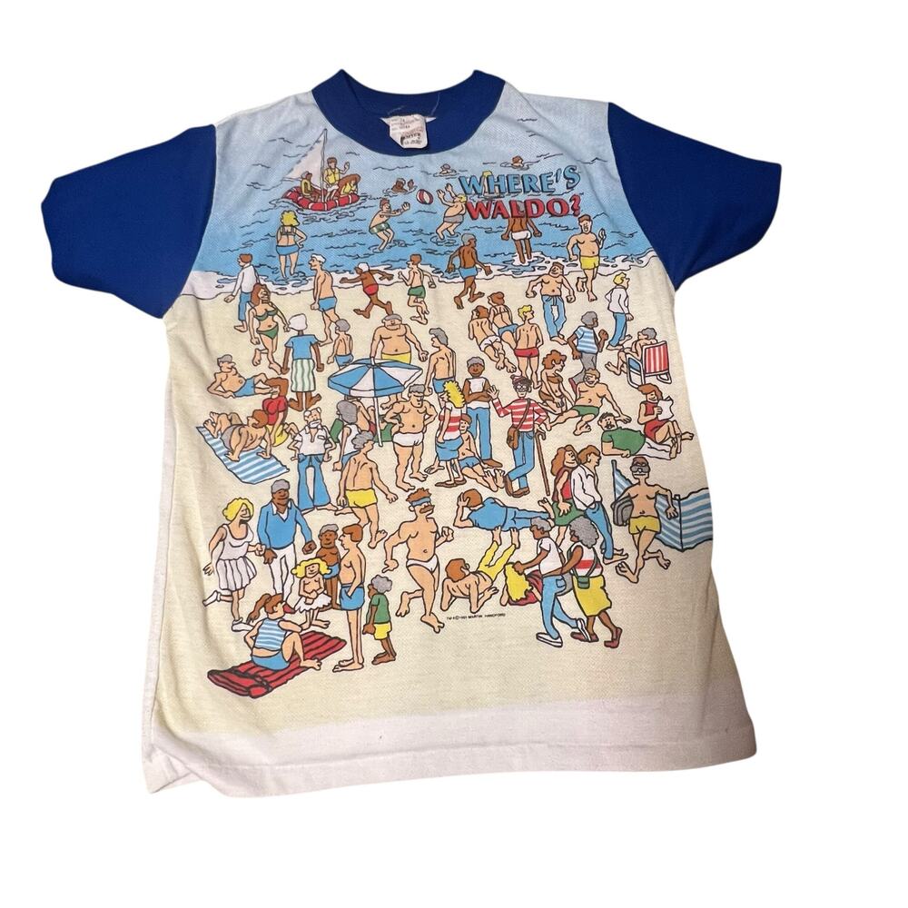 Where's Waldo vintage single stitch youth graphic t-shirt on beach size 14 90s